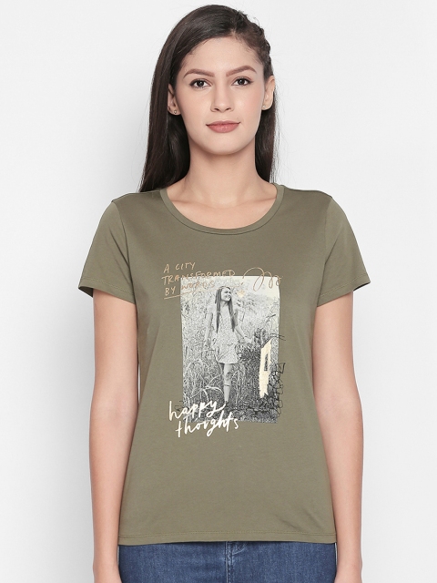 

Honey by Pantaloons Women Olive Green Printed Round Neck Pure Cotton T-shirt
