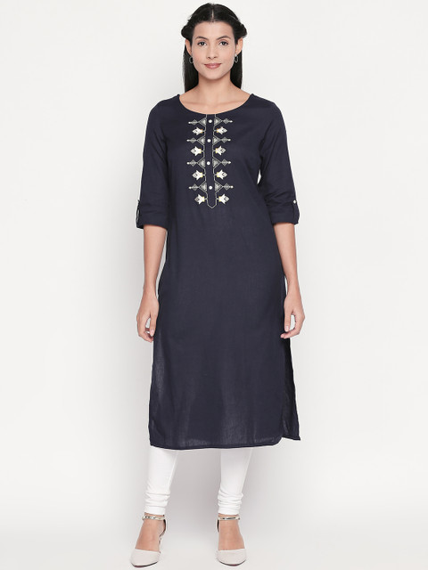 

RANGMANCH BY PANTALOONS Women Navy Blue Embroidered Straight Kurta
