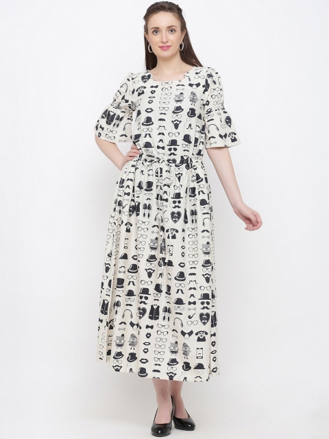 

Indian Virasat Women Cream-Coloured & Blue Quirky Printed Fit and Flare Dress