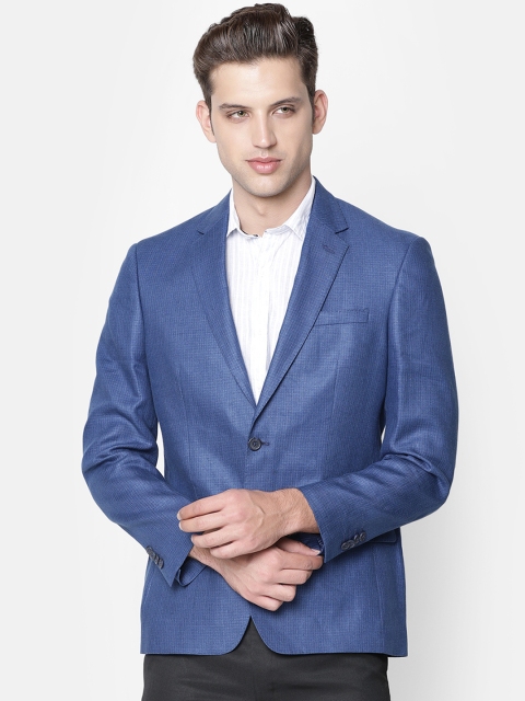 

Linen Club Men Blue Solid Linen Single-Breasted Formal Blazer