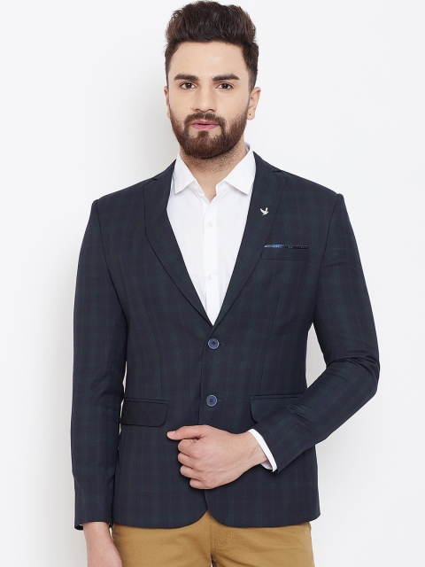 

Canary London Men Navy Blue & Green Checked Slim-Fit Blazers