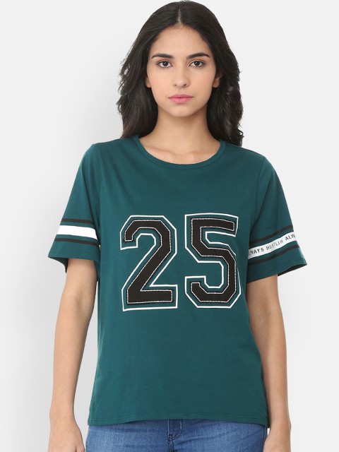 

People Women Green & Black Printed Round Neck T-shirt