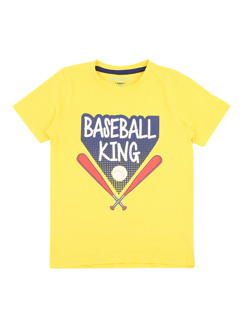 

Pantaloons Junior Boys Yellow Blue Printed Round Neck Pure Cotton T-shirt