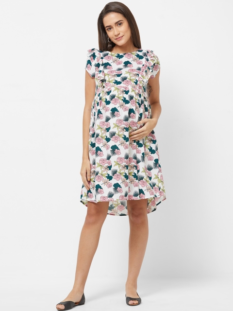 

Mystere Paris Women Maternity White Floral Printed Fit and Flare Dress