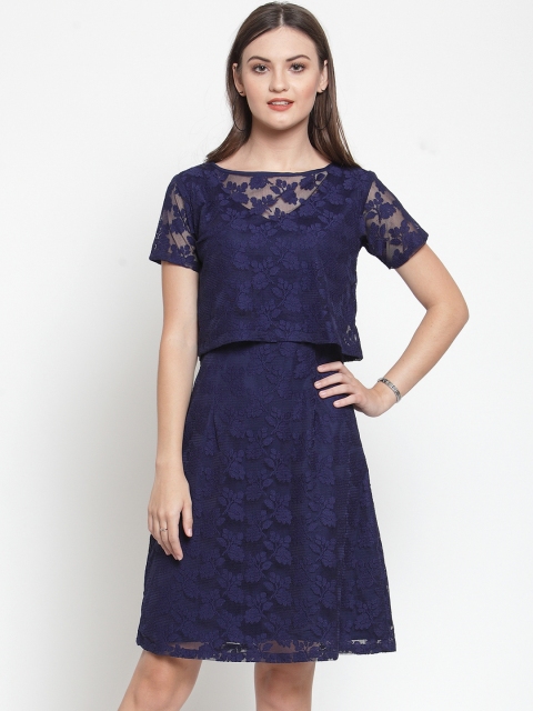

Just Wow Women Navy Blue Floral Self Design Fit and Flare Dress