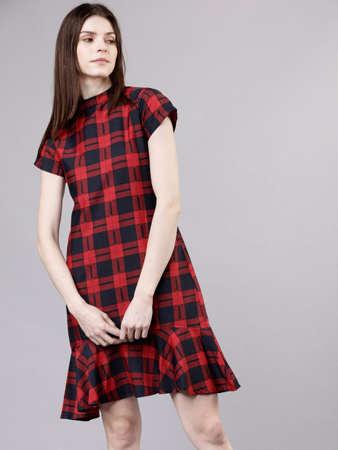 

Tokyo Talkies Women Checked Navy Blue Drop-Waist Dress