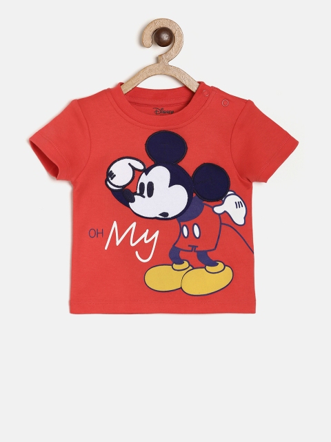 

MINI KLUB Kids Red Mickey Mouse Printed Round Neck Pure Cotton T-shirt