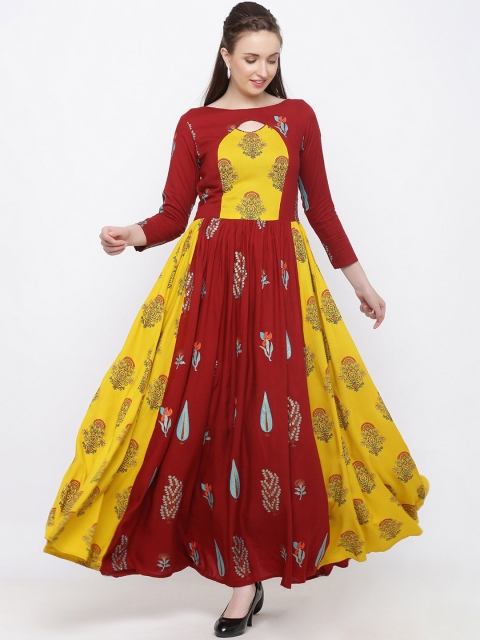 

Indian Virasat Women Maroon and Yellow Printed Maxi Dress