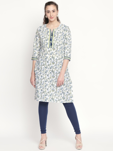 

RANGMANCH BY PANTALOONS Women White & Green Printed Straight Kurta