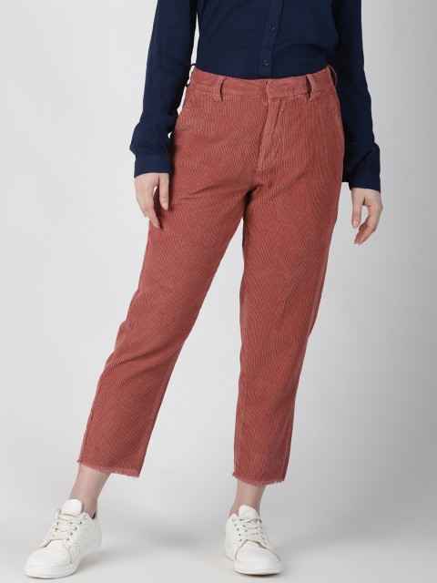 

Blue Saint Women Rust Regular Fit Self Design Cropped Corduroy Trousers