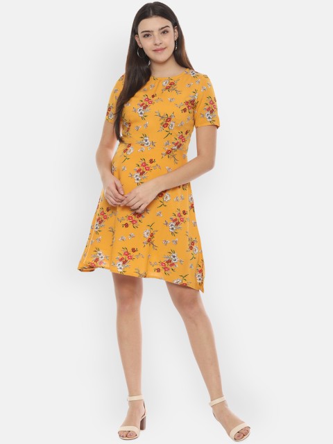 

People Women Floral Print Yellow Fit and Flare Dress