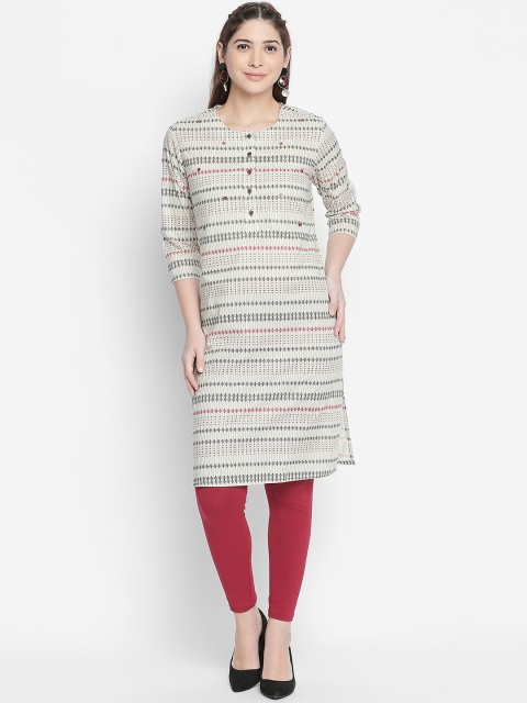

RANGMANCH BY PANTALOONS Women Off-White & Black Printed Straight Kurta