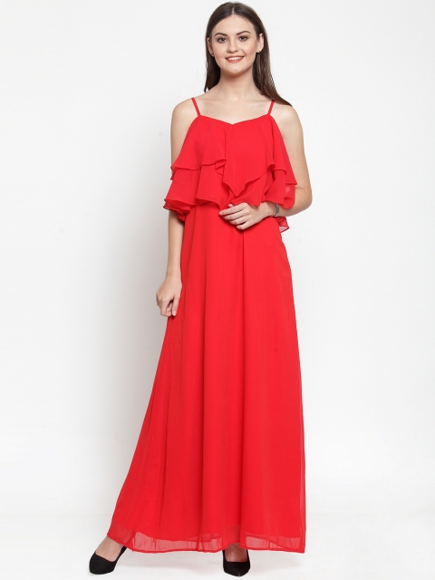 

Just Wow Women Red Solid Double Layer Ruffled Maxi Dress