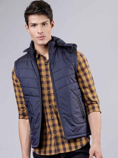 Men Navy Blue Solid Hooded Padded Jacket