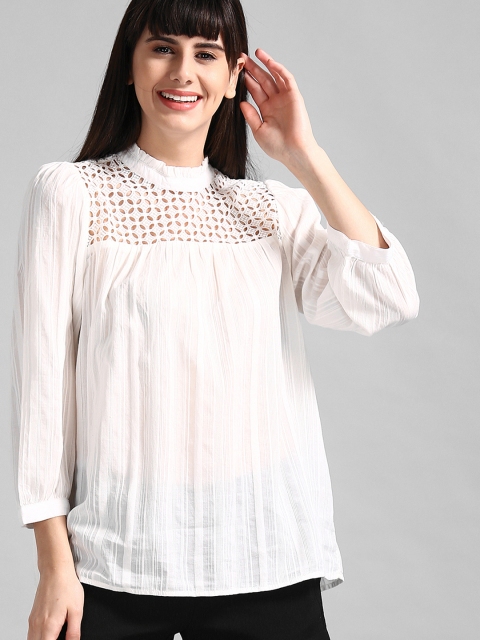 

GAP Women White Solid Eyelet Mix Top