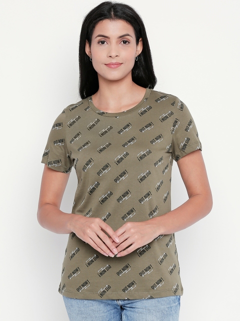 

Honey by Pantaloons Women Olive Green Printed Round Neck T-shirt
