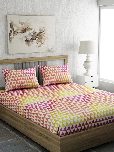 

EverHOME Red & Yellow Geometric 144 TC Cotton 1 Queen Bedsheet with 2 Pillow Covers