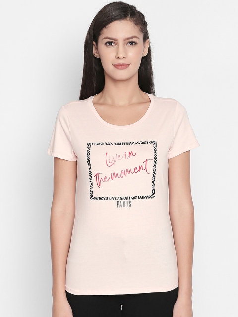 

Honey by Pantaloons Women Peach-Coloured Printed Round Neck Pure Cotton T-shirt