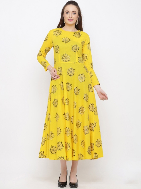 

Indian Virasat Women Yellow & Black Printed A-Line Ethnic Dress