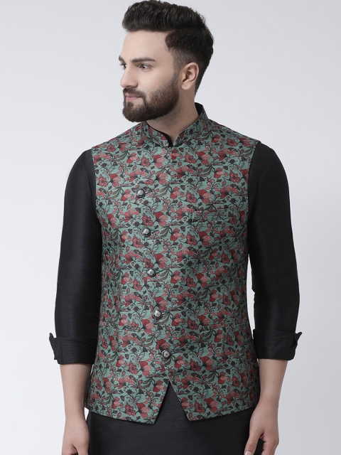 

I Know Men Green Printed Nehru Jacket