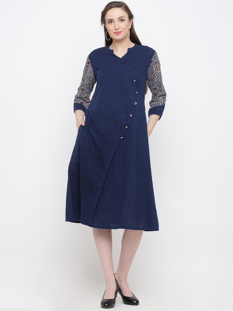 

Indian Virasat Women Solid Navy Blue Wrap A-Line Dress