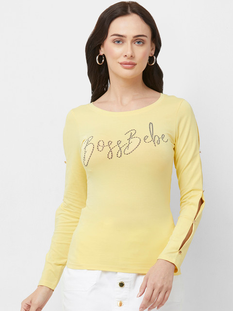 

bebe Women Yellow Printed Round Neck T-shirt