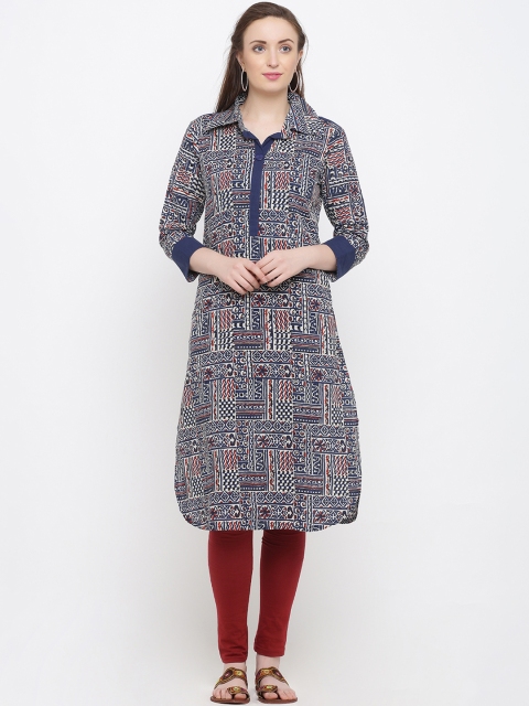 

Indian Virasat Women Navy Blue & Off-White Printed Straight Kurta