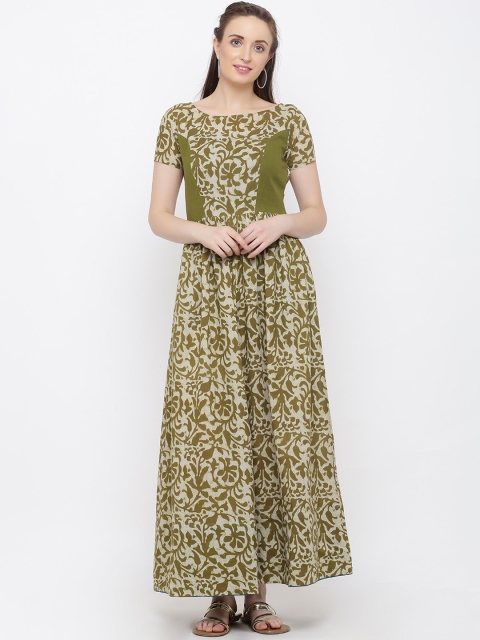 

Indian Virasat Women Printed Olive Green Fit and Flare Dress