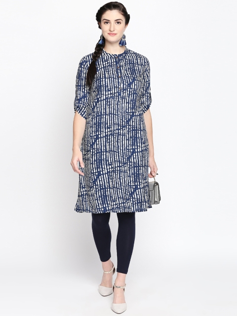 

RANGMANCH BY PANTALOONS Women Navy Blue & White Printed Straight Kurta