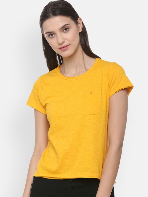 

People Women Yellow Solid Round Neck T-shirt