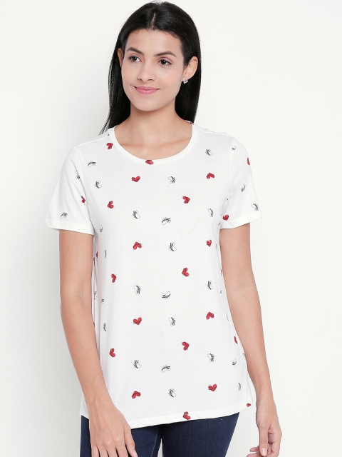 

Honey by Pantaloons Women Off-White Printed Round Neck Pure Cotton T-shirt