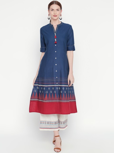 

RANGMANCH BY PANTALOONS Women Navy Blue & Red Colourblocked A-Line Kurta