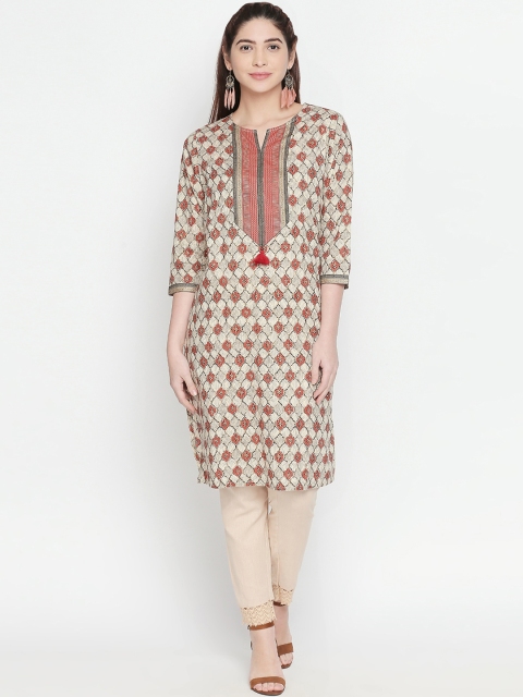 

RANGMANCH BY PANTALOONS Women Grey & Off-White Printed Straight Kurta