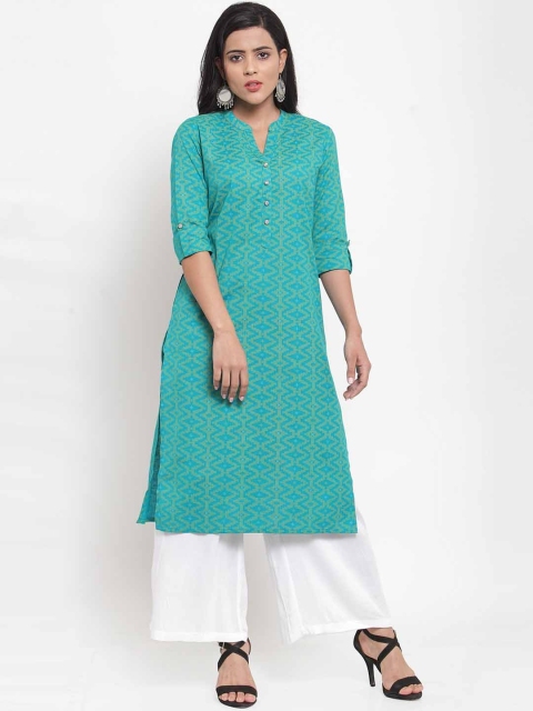 

Kiaasa Women Turquoise Blue & Gold-Toned Printed Straight Kurta