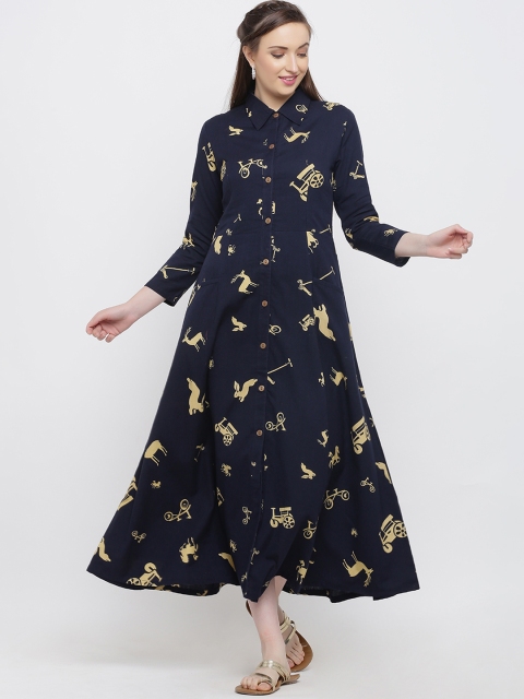 

Indian Virasat Women Navy Blue Conversational Printed Shirt Dress