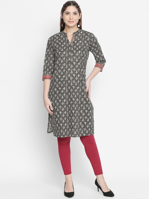 

RANGMANCH BY PANTALOONS Women Charcoal Grey & Off-White Printed Straight Kurta