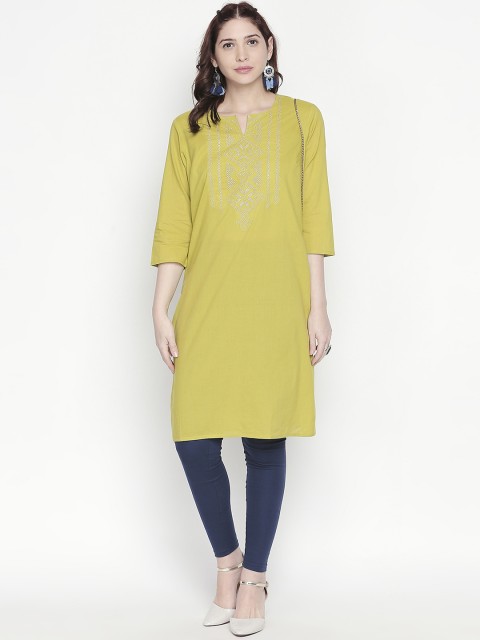 

RANGMANCH BY PANTALOONS Women Lime Green Yoke Design Straight Kurta