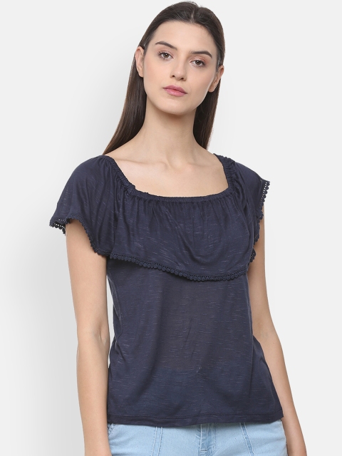 

People Women Navy Blue Solid A-Line Top with Layered Detail