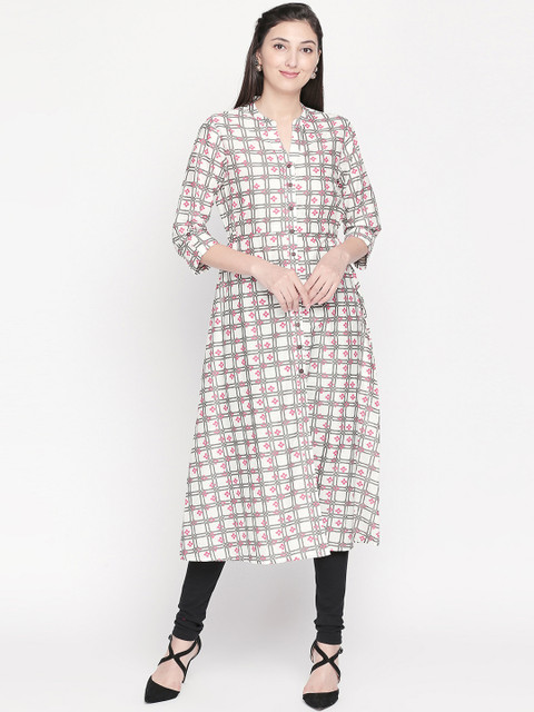 

RANGMANCH BY PANTALOONS Women Pink & White Checked A-Line Kurta