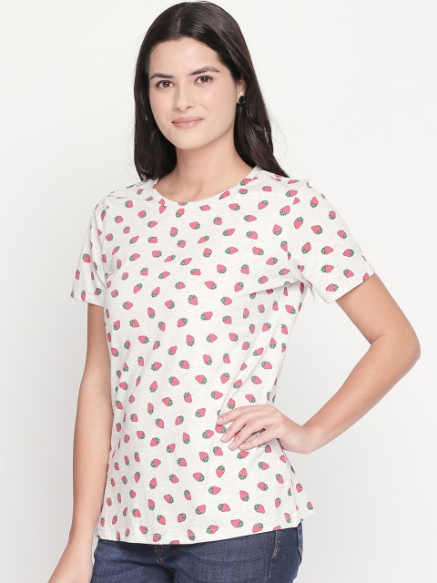 

Honey by Pantaloons Women Grey Melange Printed Round Neck Pure Cotton T-shirt