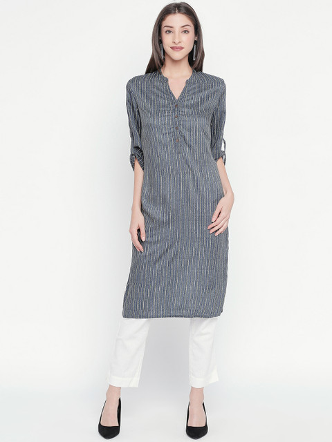 

RANGMANCH BY PANTALOONS Women Grey Striped Straight Kurta