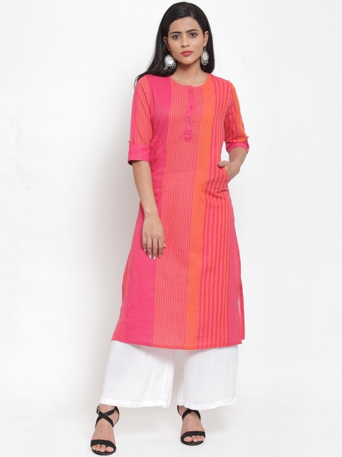

Kiaasa Women Pink & Orange Striped Straight Kurta