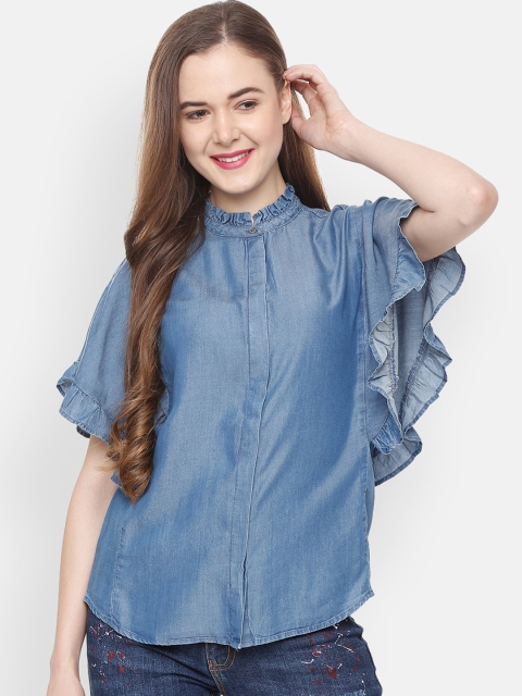 

People Women Blue Solid Shirt Style Top