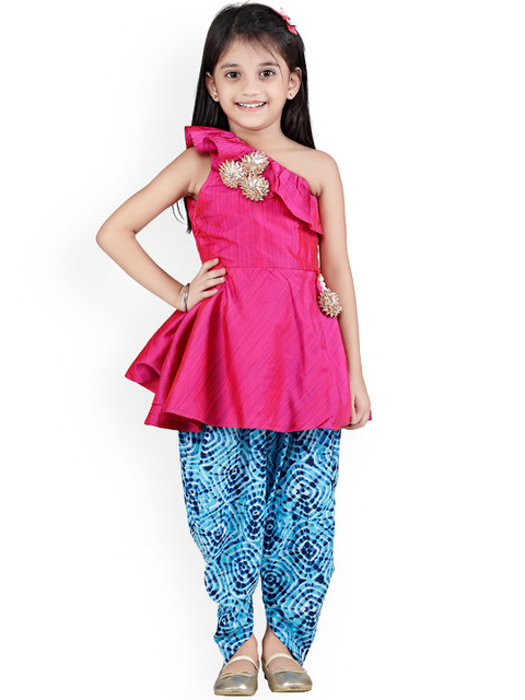 

LilPicks Girls Pink & Blue Striped Kurti with Dhoti Pants