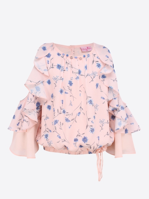 

CUTECUMBER Girls Peach-Coloured Printed Blouson Top