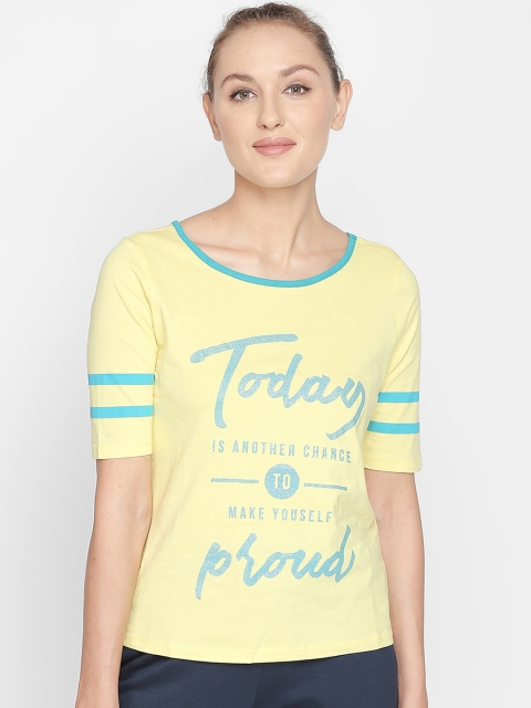 

Ajile by Pantaloons Women Yellow Blue Printed Round Neck Pure Cotton T-shirt
