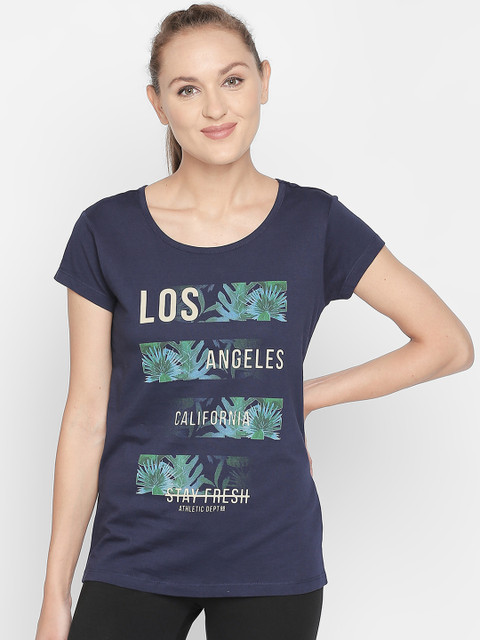 

Ajile by Pantaloons Women Navy Blue Printed Round Neck Pure Cotton T-shirt