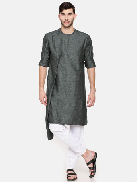 

Freehand Men Green Solid Straight Asymmetric Layered Kurta