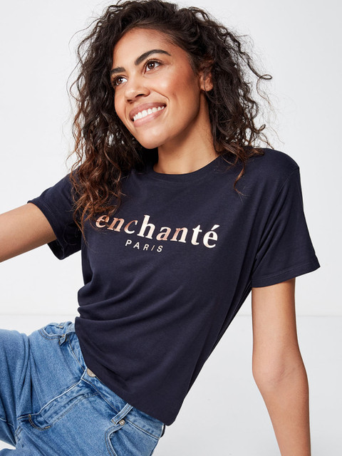 

COTTON ON Women Navy Blue Printed Round Neck T-shirt