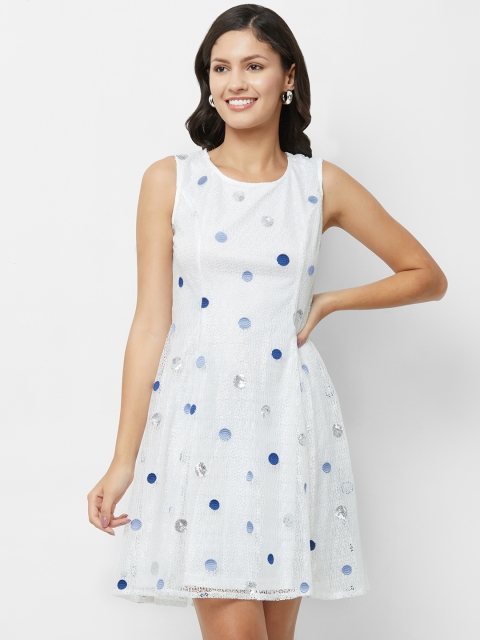 

bebe Women White Polka Dot Print Fit and Flare Dress